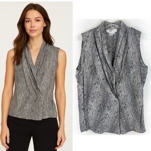 Vintage 100% Silk Snake Print Sleeveless Blouse Black Tan Medium Career Office